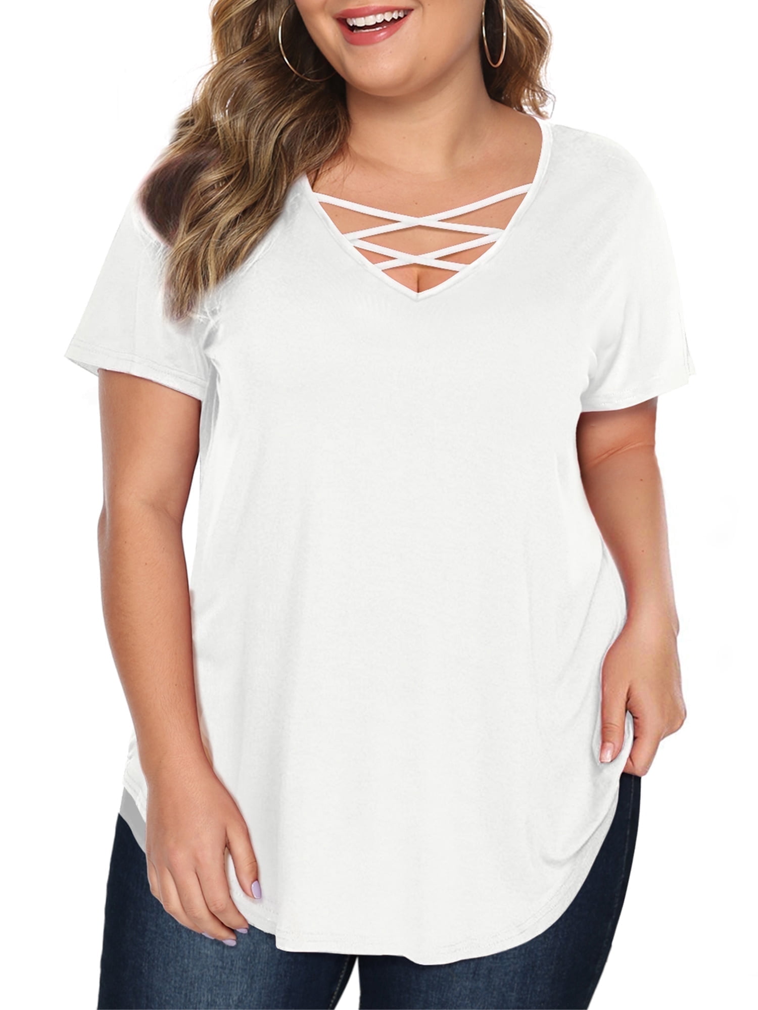 JYLFC Womens Shirts Short Sleeve Plus Size Criss Cross Neck Tee Shirts ...