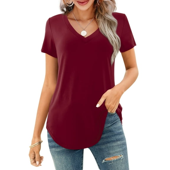 JYLFC Womens Shirts Short Sleeve V Neck Loose Casual Summer Tops, Burgundy 2XL