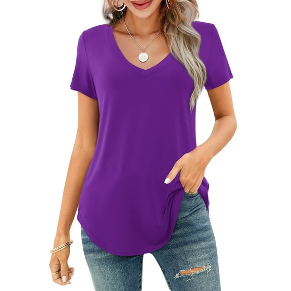 JYLFC Womens Shirts Short Sleeve V Neck Loose Casual Summer Tops, Purple 2XL