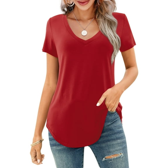 JYLFC Womens Shirts Short Sleeve V Neck Loose Casual Summer Tops, Red 2XL