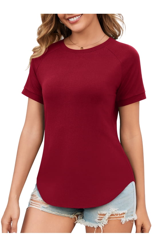 Womens Shirts Summer Crew Neck Raglan Shirt Basic Short Sleeve Loose Fit Casual Tunic Tops, Claret 2XL