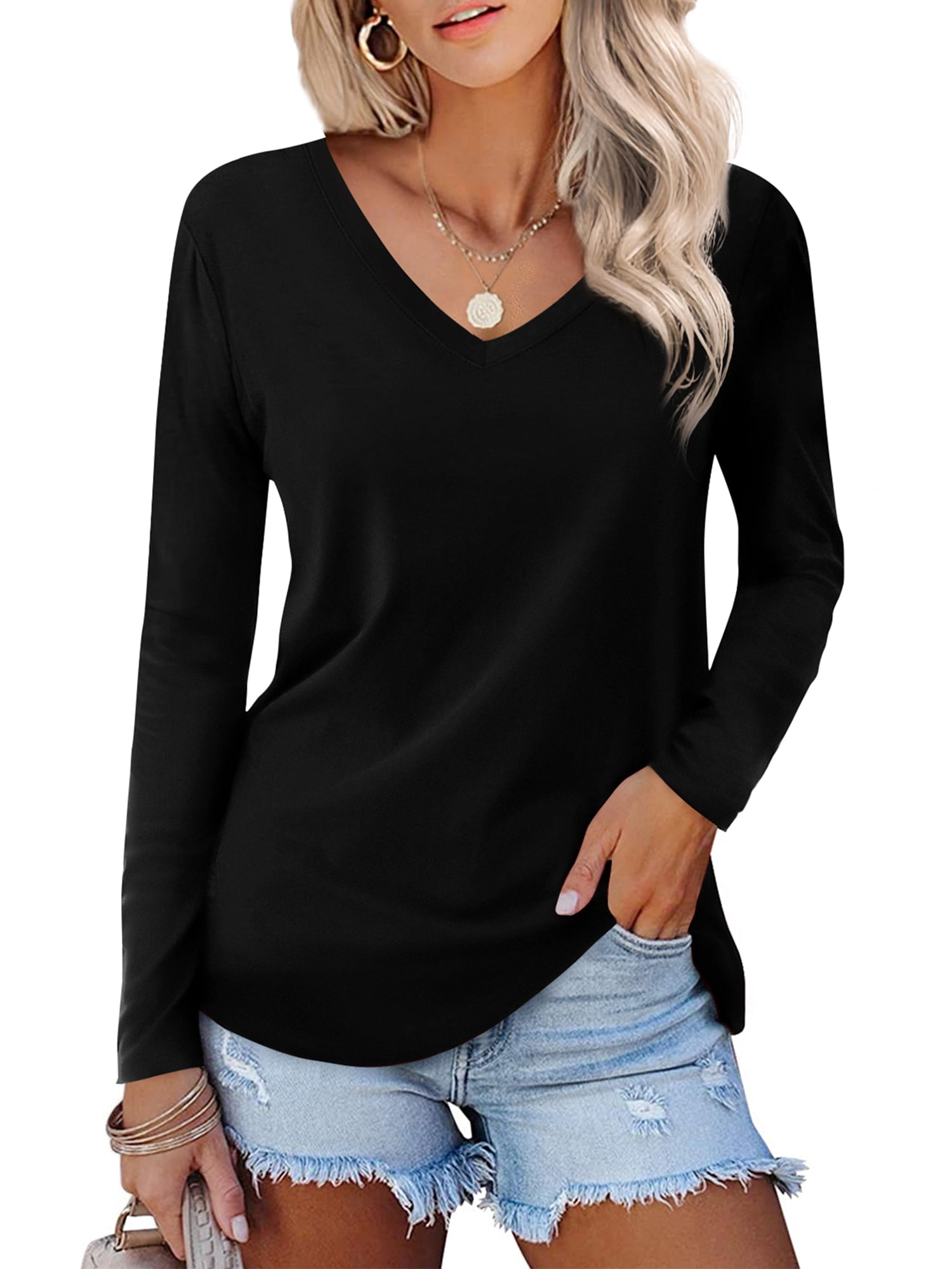 JYLFC Womens Shirts V Neck Casual Tops Long Sleeve T-shirts, Black M ...