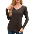 thumbnail image 1 of JYLFC Womens Shirts V Neck Tops Long Sleeve Curved Hem T-shirts, Brown M, 1 of 4
