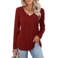 thumbnail image 1 of JYLFC Womens Shirts V Neck Tops Long Sleeve Curved Hem T-shirts, Red M, 1 of 4