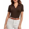 thumbnail image 1 of JYLFC Womens Short Sleeve Polo Shirts V Neck Collar Knit Top Casual Work Shirt for Summer, Coffee XL, 1 of 5