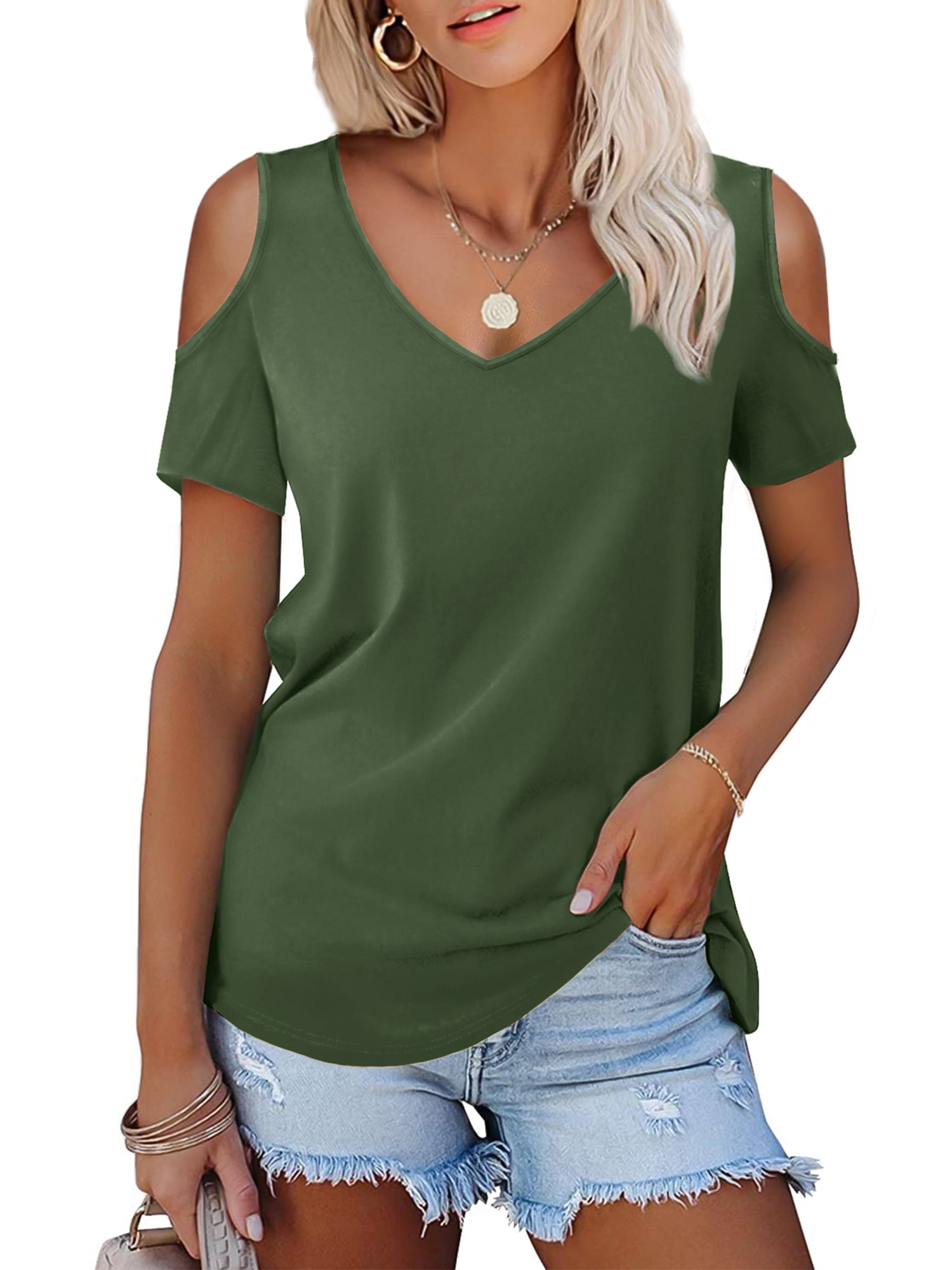 JYLFC Womens T Shirts Summer V Neck Cold Shoulder Short Sleeve Tops Green L Walmart