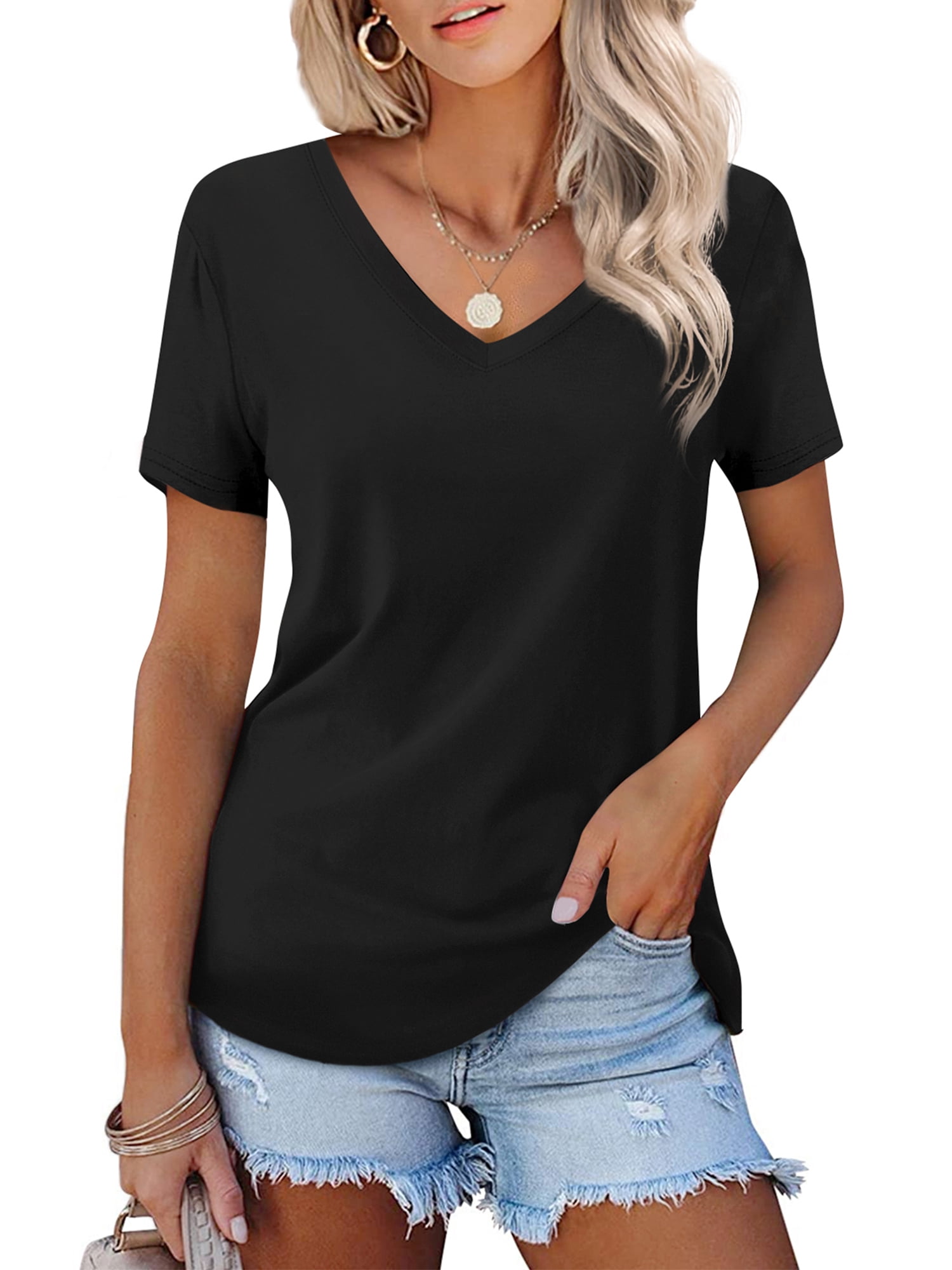 JYLFC Womens Plus Size T-shirts V Neck Short Sleeve Tops Summer Casual ...