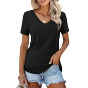 JYLFC Womens T-shirts V Neck Short Sleeve Tops Summer Casual Shirts, Black L
