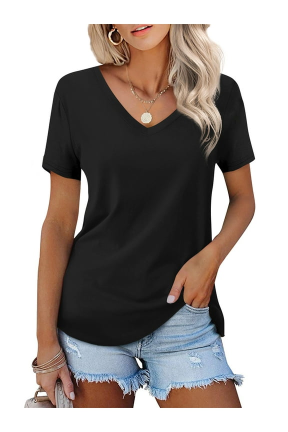 Womens T-shirts V Neck Short Sleeve Tops Summer Casual Shirts, Black L