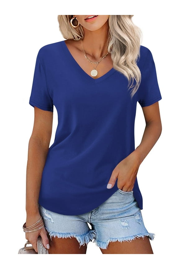 Womens T-shirts V Neck Short Sleeve Tops Summer Casual Shirts, Blue L