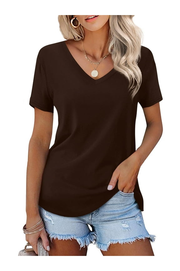 Womens T-shirts V Neck Short Sleeve Tops Summer Casual Shirts, Brown L