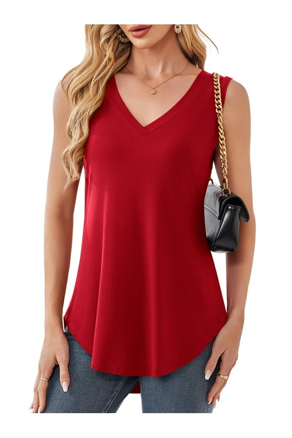 Womens Tank Tops V Neck Long Tops Sleeveless Blouse, Burgundy M