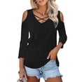 thumbnail image 1 of JYLFC Womens Tops Cold Shoulder 3/4 Sleeve Criss Cross V Neck Shirts, Black 2XL, 1 of 3