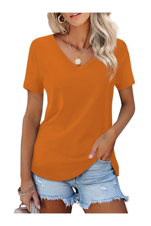 Womens Tops Short Sleeve Loose V Neck Casual Tee Shirts, Orange 2XL
