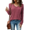 thumbnail image 1 of JYLFC Womens Tops V-Neck Long Sleeve Brushed Cotton Sweater, Burgundy M, 1 of 7