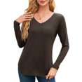 thumbnail image 1 of JYLFC Womens V Neck Long T-Shirts Long Sleeve Tunic Tops with Curved Hem, Brown L, 1 of 4