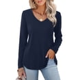 thumbnail image 1 of JYLFC Womens V Neck Long T-Shirts Long Sleeve Tunic Tops with Curved Hem, Navy L, 1 of 4