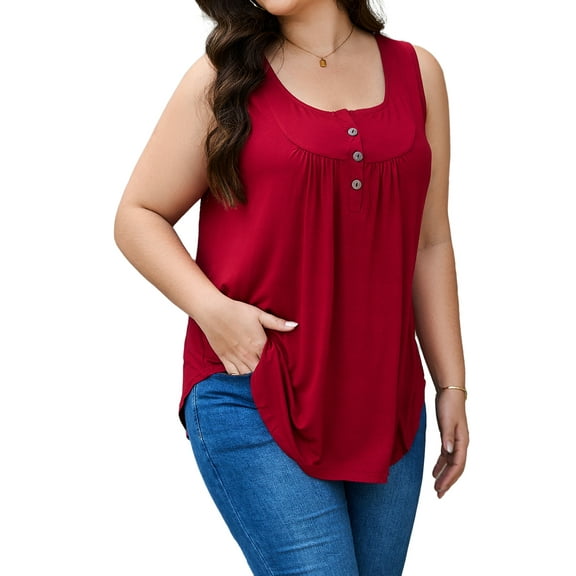 JYLFC Womens V Neck Plus Size Tank Pleated Henley Sleeveless Tops, Burgundy 4XL