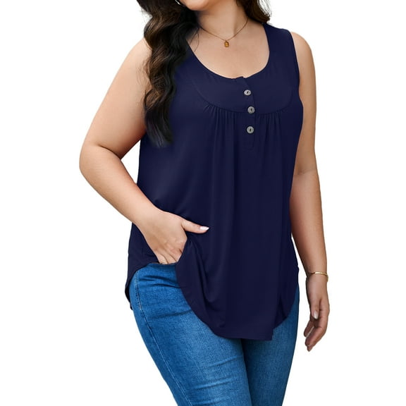 JYLFC Womens V Neck Plus Size Tank Pleated Henley Sleeveless Tops, Navy 4XL