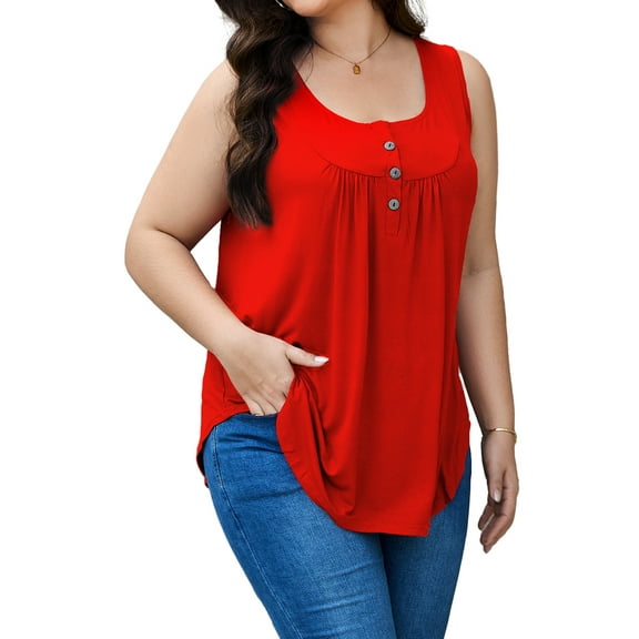 JYLFC Womens V Neck Plus Size Tank Pleated Henley Sleeveless Tops, Red 4XL