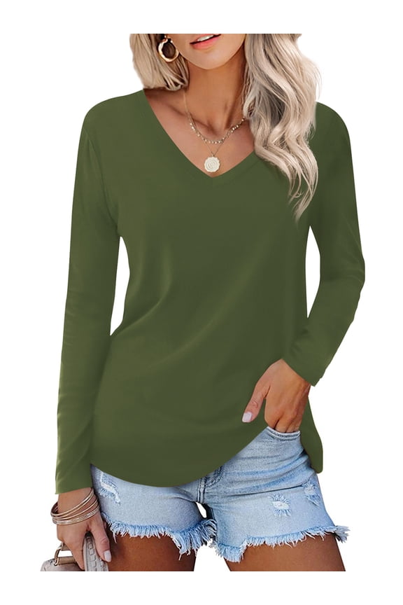 Womens V Neck T-Shirts Casual Basic Shirts Long Sleeve Tops, Green L