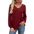 thumbnail image 1 of JYLFC Womens V Neck T-Shirts Long Sleeve Jacquard Textured Tunic Top, Burgundy L, 1 of 3