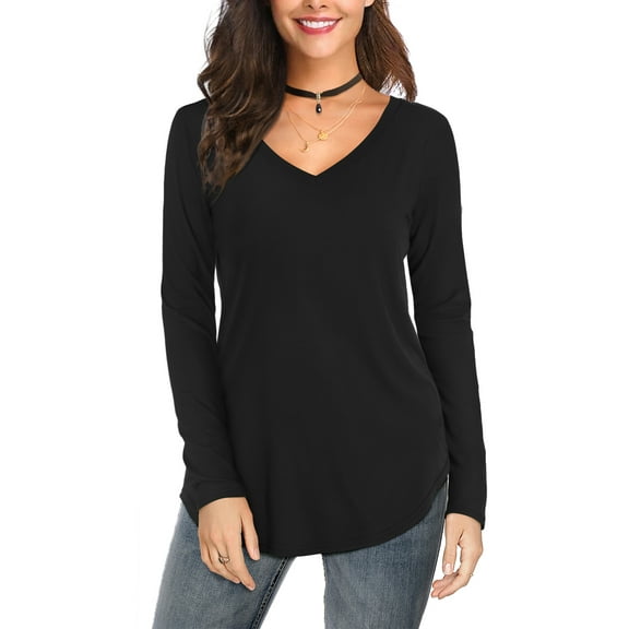 JYLFC Womens V-Neck T-Shirts Long Sleeve Tops Casual Basic Shirts, Black L