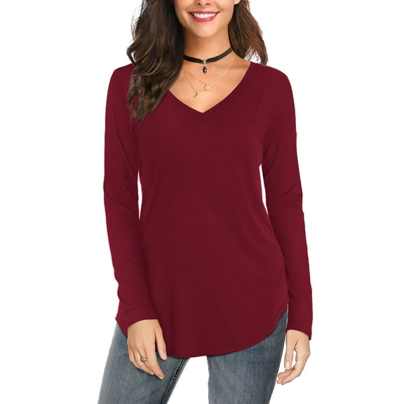JYLFC Womens V-Neck T-Shirts Long Sleeve Tops Casual Basic Shirts, Burgundy L
