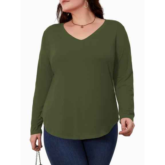 JYLFC Womens Plus Size V-Neck T-Shirts Long Sleeve Tops Casual Basic Shirts, Green 2XL