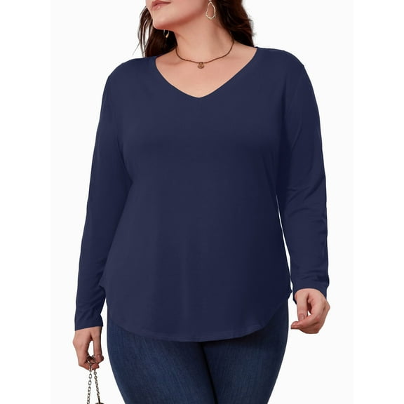 JYLFC Womens Plus Size V-Neck T-Shirts Long Sleeve Tops Casual Basic Shirts, Navy 2XL
