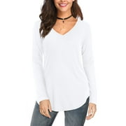 JYLFC Womens V-Neck T-Shirts Long Sleeve Tops Casual Basic Shirts, White L