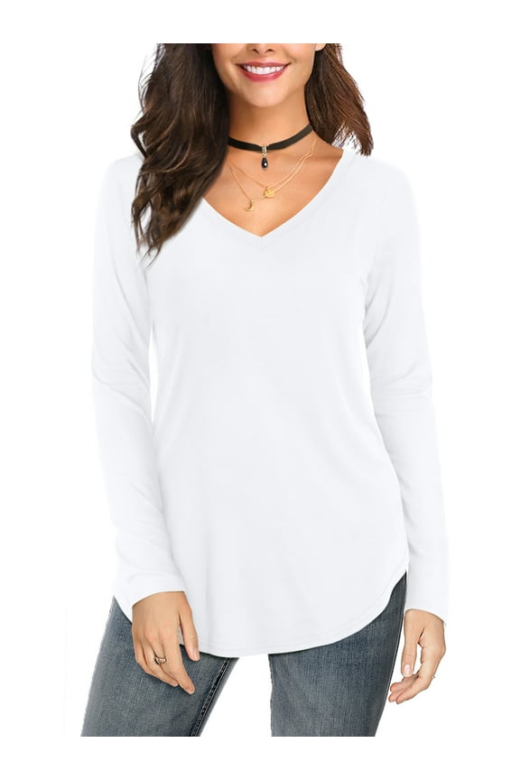 Womens V-Neck T-Shirts Long Sleeve Tops Casual Basic Shirts, White L