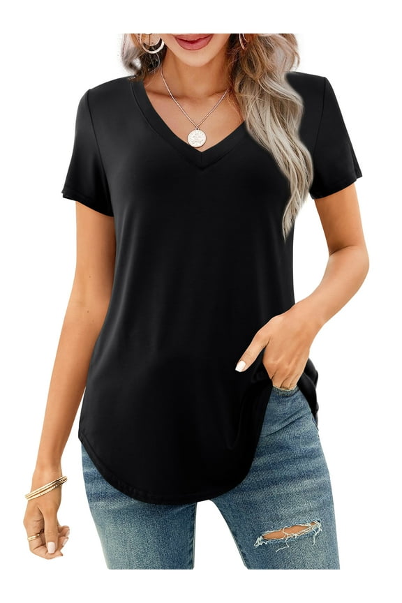 Womens V Neck T-Shirts Short Sleeve Tops Casual Basic Shirts, Black L