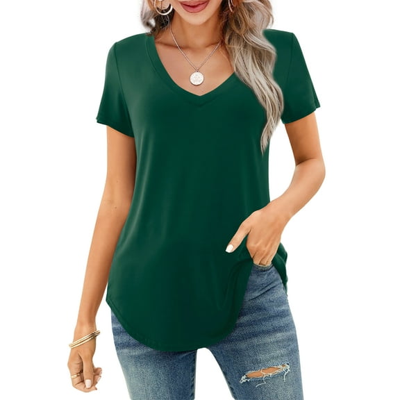 JYLFC Womens V Neck T-Shirts Short Sleeve Tops Casual Basic Shirts, Green L