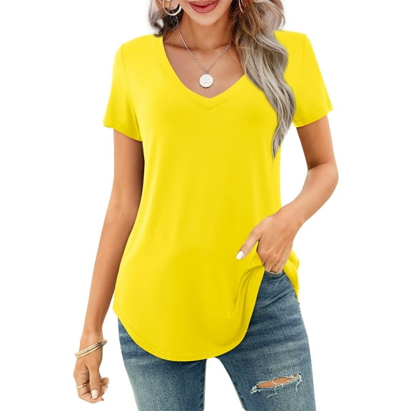 JYLFC Womens V Neck T-Shirts Short Sleeve Tops Casual Basic Shirts, Yellow L