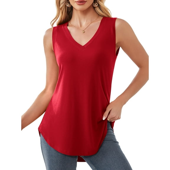 JYLFC Womens V Neck Tunic Tank Long Shirts Sleeveless Tops, Burgundy L