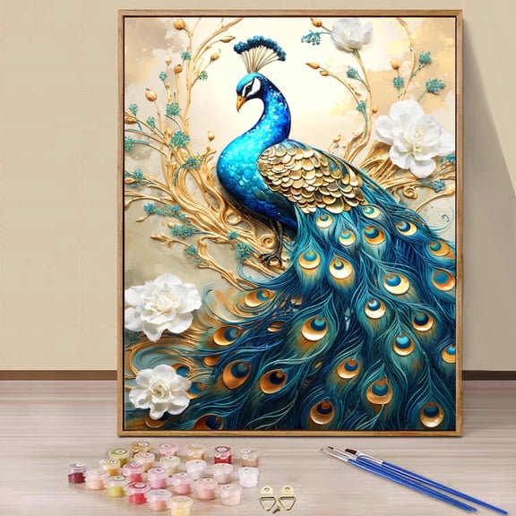 JYLMOOD DIY Animal Paint by Number for Adults, Easy Painting by Numbers for Gift Home Wall Decor 16x20in without Frame, Colored Canvas - Blue Peacock