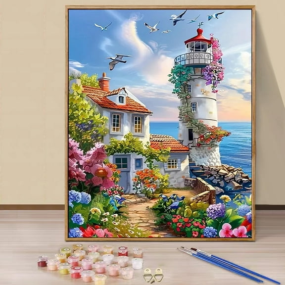 JYLMOOD DIY Paint by Number for Adults, Easy Painting by Numbers for Gift Home Wall Decor 16x20in without Frame, Colored Canvas - Lighthouse
