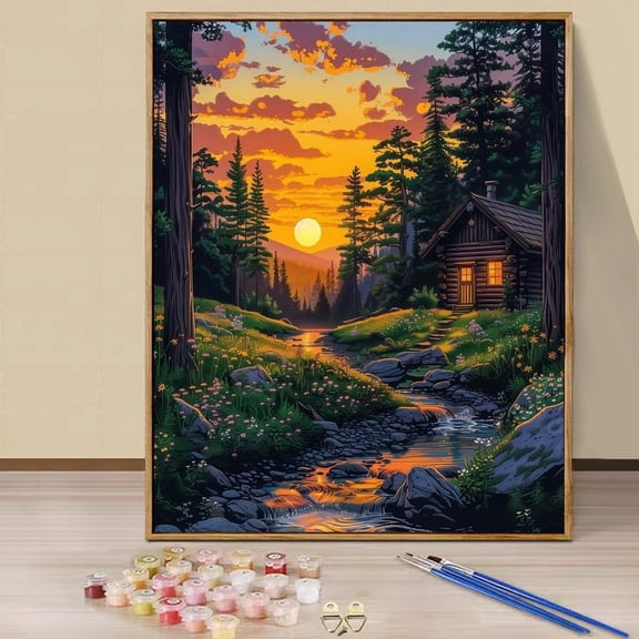 JYLMOOD DIY Paint by Number for Adults, Easy Painting by Numbers for Gift Home Wall Decor 16x20in without Frame, Colored Canvas - Sunset Cottage