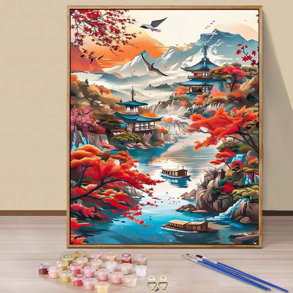 JYLMOOD Paint by Numbers Adults, Hand Painted Oil Painting Canvas with Brushes and Acrylic Paints for Home Decor, Without Frame (40 x 50 cm) - Chinese Pavilions