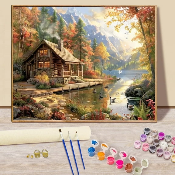 JYLMOOD Paint by Numbers Kit for Unisex Adults Beginner with Full Accessories, Easy Oil Painting Kits on Colored Canvas, 16x20in, Relaxing Art Craft - Autumn House