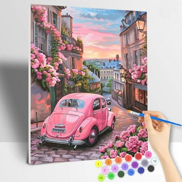 JYLMOOD Paint by Numbers Kit for Adults Beginner with Wooden Frame, Easy DIY Pink Car Oil Painting Kits On Canvas for Gift Home Wall Decor 12x16 Inch