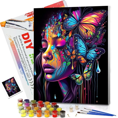 JYLMOOD Paint by Numbers Kit for Adults Beginner with Wooden Frame, Easy DIY Black Girl Butterfly Oil Painting Kits On Canvas for Gift Home Wall Decor 12x16 Inch