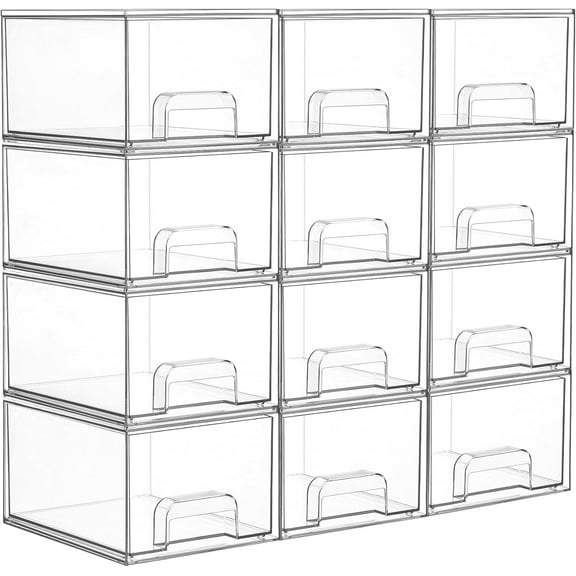JYLP 12 Pack Small Clear Stackable Storage Drawers, Acrylic Look Plastic Organizer Bins with Handles & Non-Slip Pads for Vanity, Bathroom, Kitchen Cabinets, Undersink & Pantry Organization
