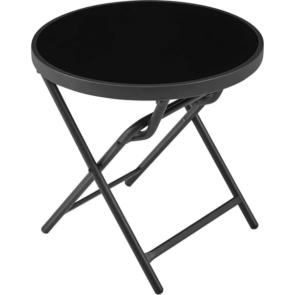 JYLP 18 Inch Round Outdoor Folding Side Table, Portable Patio End Table with Silk Tempered Glass Top, Sturdy Iron Frame Small Bistro Table for Balcony, Garden, Porch, Deck, Black