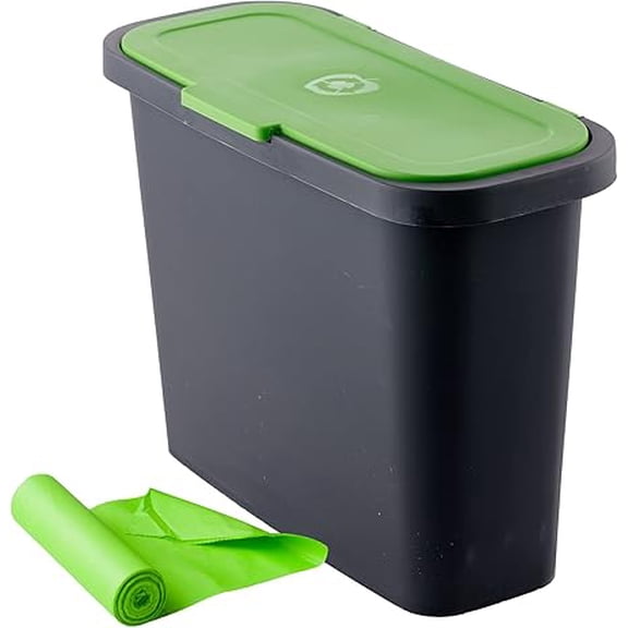JYLP 2.4 Gallon Rectangular Kitchen Compost Caddie with 120 Corn Bags, Black & Green Countertop Food Waste Bin
