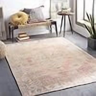 JYLP 2' x 3' Medallion Area Rug, Distressed Border Faded Floral Oriental Oushak Rug, Tufted Polyurethane Boho Accent Rug in Beige, Denim, Dusty Coral & Pink for Living Room Bedroom