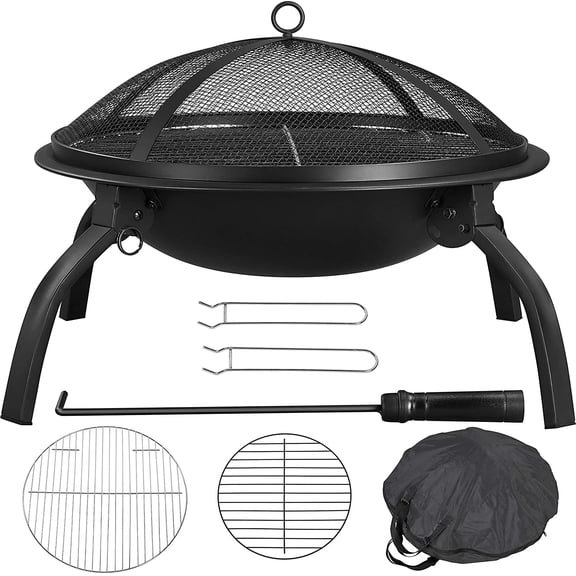 JYLP 21 Inch Portable Folding Fire Pit, Round Steel Fire Bowl with Spark Screen, BBQ Grill, Log Grate and Carrying Bag, Lightweight Wood Burning Fire Pit for Patio, Backyard, Camping, Bonfire