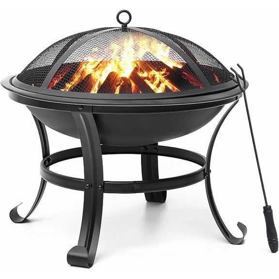 JYLP 22 Inch Outdoor Wood Burning Fire Pit, Round Alloy Steel Fire Pit Bowl with Spark Screen, Log Grate and Poker, Portable Small Bonfire Pit for Patio Backyard Deck Camping