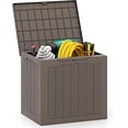 thumbnail image 1 of JYLP 25 Gallon Brown Wicker Texture Outdoor Storage Box, Waterproof PP Deck Box with Lockable Lid, Multi-Functional Patio Storage Bench, 1 of 6